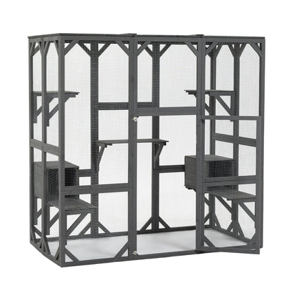Outdoor Cat House Wooden Catio Enclosure With Cover - Large Cat Cage With Jump Platforms And Condos, Weatherproof - Gray