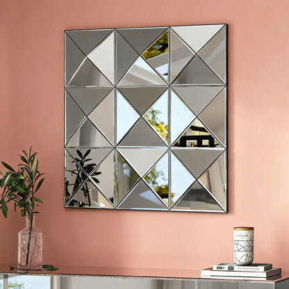 3D Beveled Wall Mirror With Frame, Large Square Design For Living Room - Silver