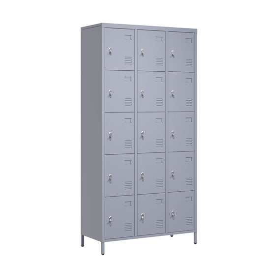 15 Door Lockers With Lock For Storage In Home, Gym, Office, And School - Gray