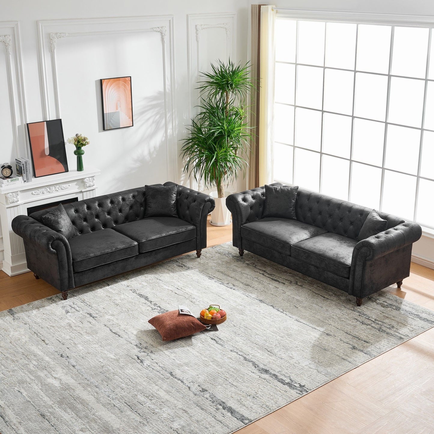 Chesterfield 3 And 3 Seater Sofa Set High Tech Fabric Roll Armrest Upholstered Couch