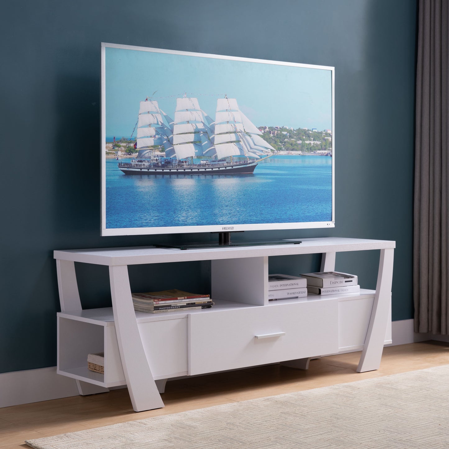 TV Stand With Two Shelves, One Drawer, And Side Shelf Modern Entertainment Center For Media Storage - White