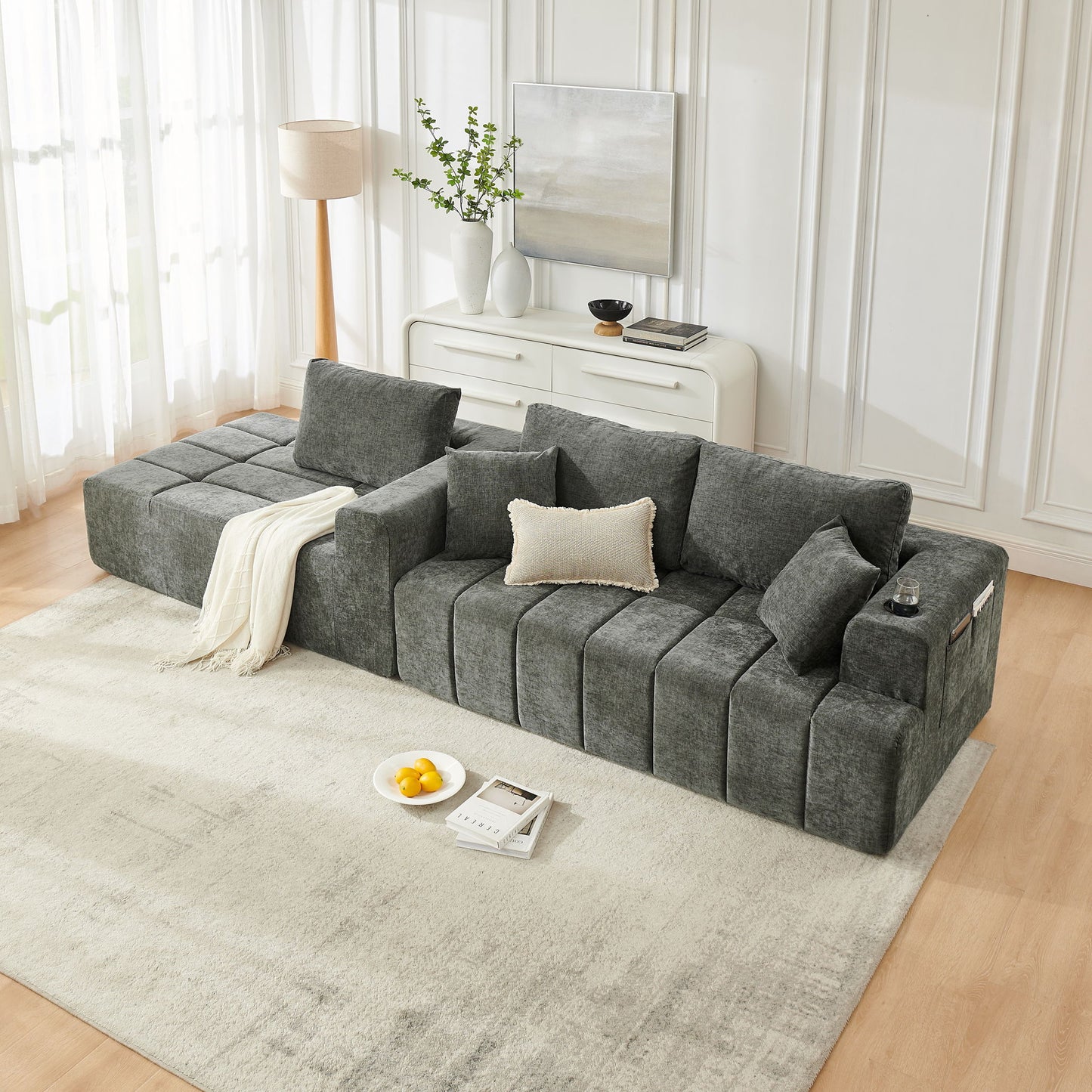 L - Shaped Sectional Sofa With Cup Holders & Side Pockets
