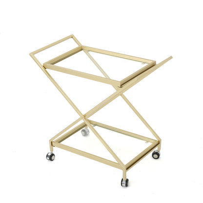 Sherianne - Industrial Bar Cart With Tempered Glass Shelves And Swivel Wheels - Gold