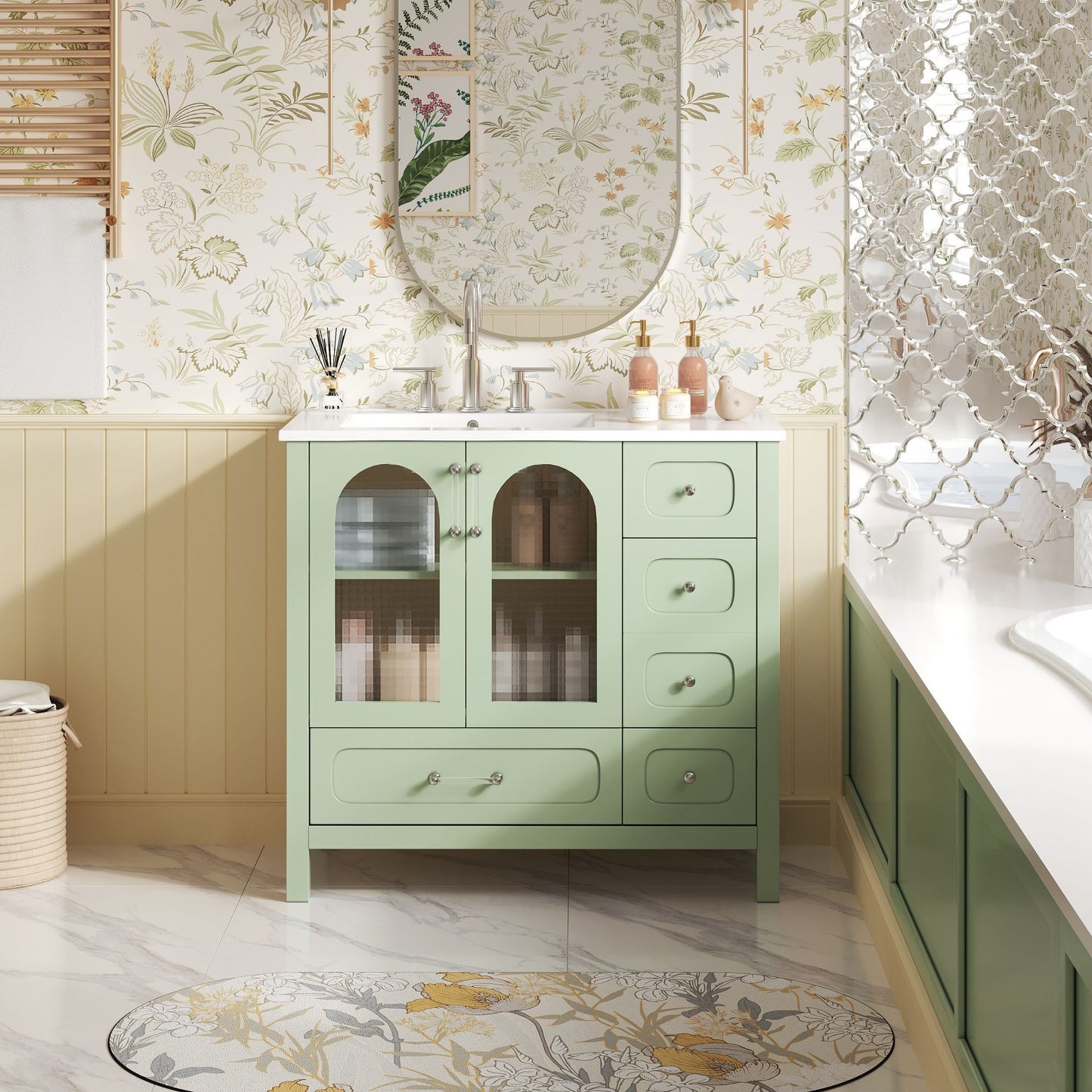 Bathroom Cabinet With Waffle Texture Doors, 4 Drawer Vanity With Soft-Closing Hinges And Glass Panels - Green