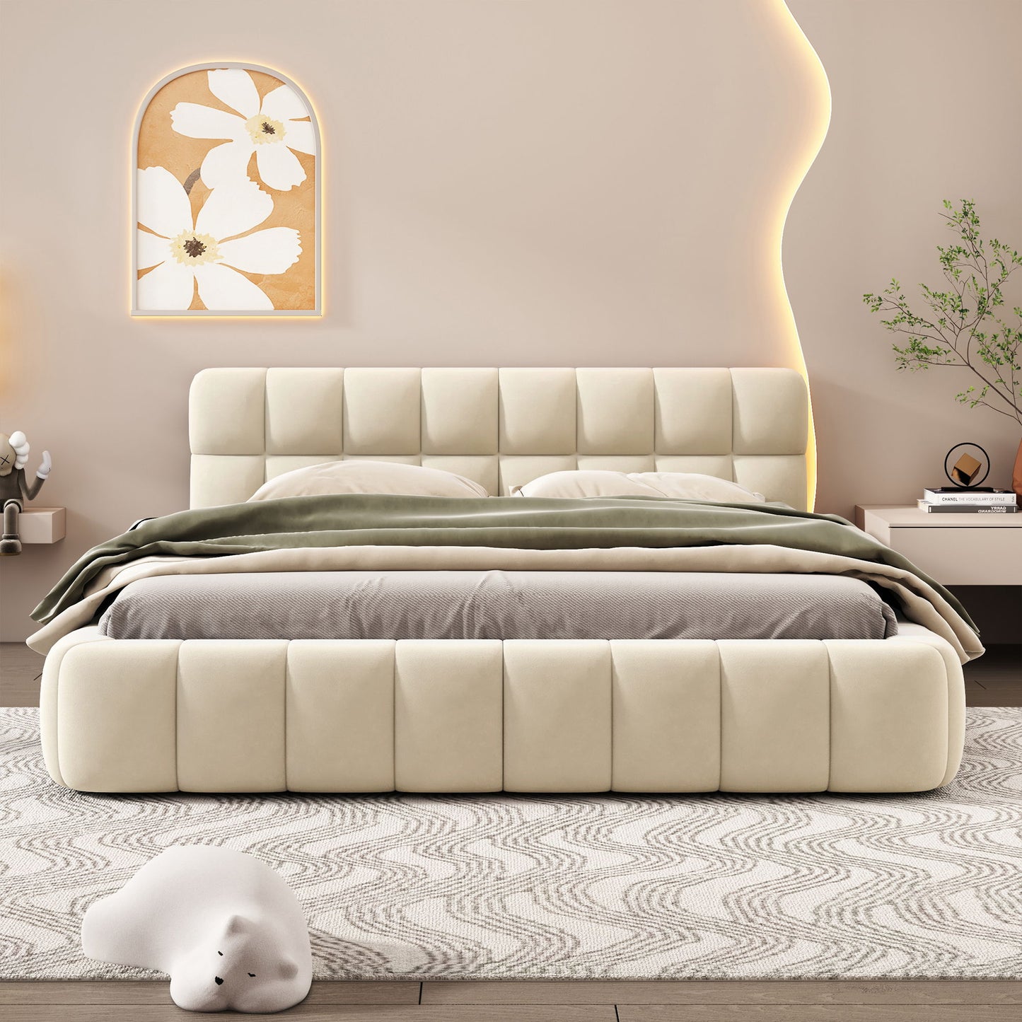 Upholstered Platform Bed With Thick, Grounded Bed With Solid Frame