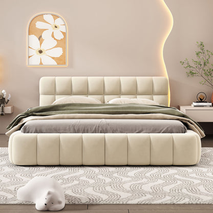 Upholstered Platform Bed With Thick, Grounded Bed With Solid Frame