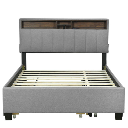 Upholstered Platform Bed With Storage Headboard, Trundle & 2 Drawers And A Set Of Sockets & USB Ports