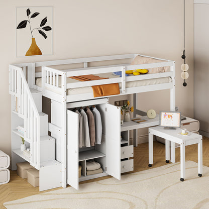Loft Bed With Stairs, Bookshelf, Drawers, Desk & Wardrobe, Space Saving Multifunctional Furniture