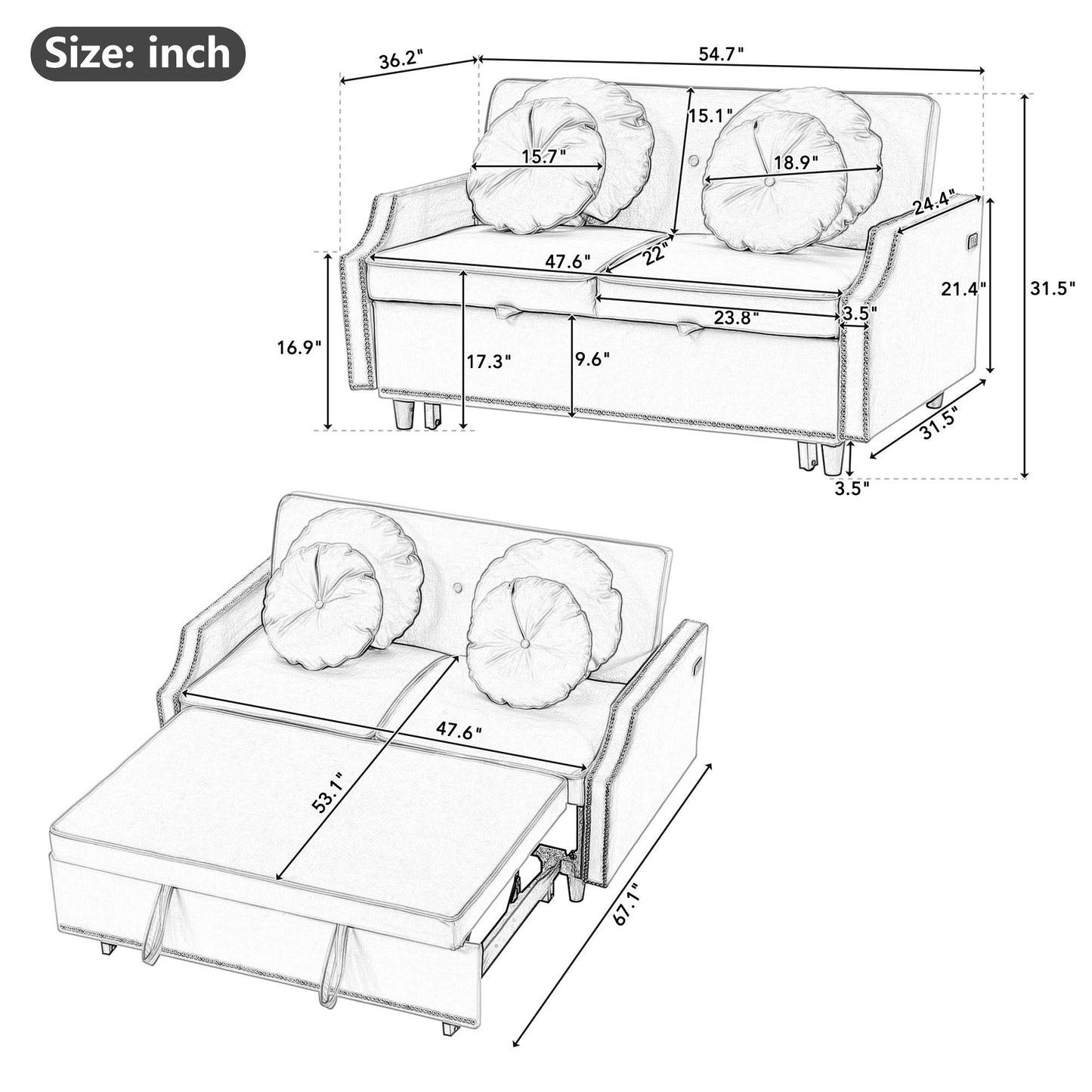 Multiple Adjustable Positions Sofa Bed Stylish Sofa Bed With A Button Tufted Backrest, Two USB Ports And Four Floral Lumbar Pillows For Living Room, Bedroom, Or Small Space