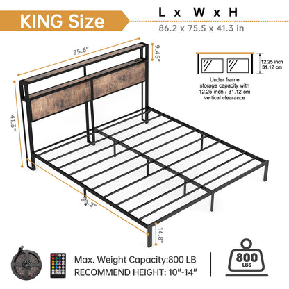 Bed Frame With Headboard, LED Lights & Charging Station