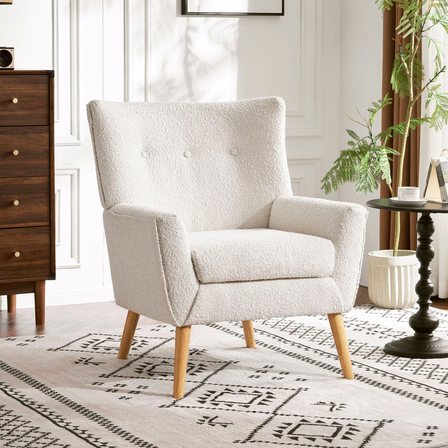 Ergonomic Accent Chair With Button Tufted Design And Rubber Wood Legs - Almond