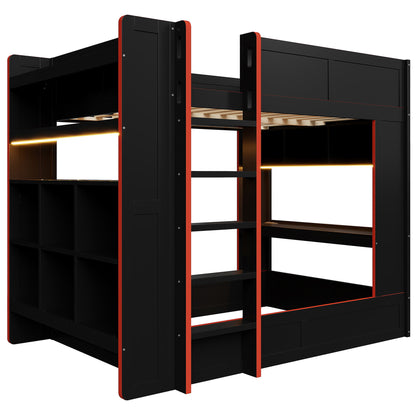 Full Size Gaming Bunk Bed With Desk, Storage Shelves, LED And Charging Station - Black
