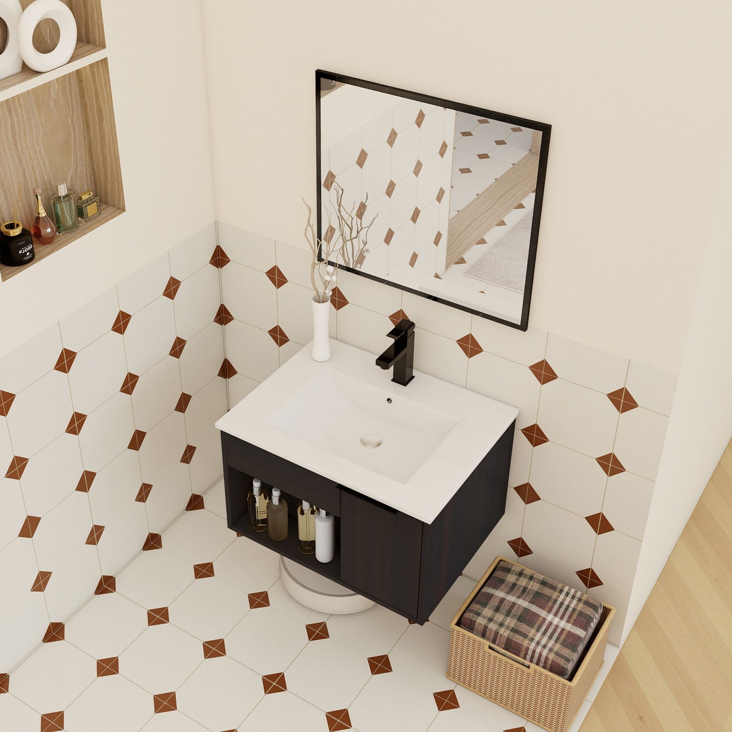 Wall Mounted Floating Bathroom Vanity With Open Shelf & Soft Close Door