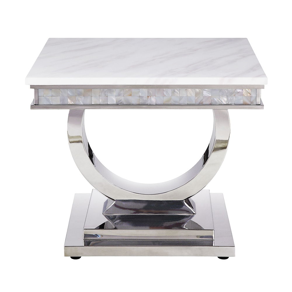 Zander - End Table - White Printed Faux Marble Top & Mirrored Silver