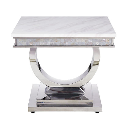 Zander - End Table - White Printed Faux Marble Top & Mirrored Silver