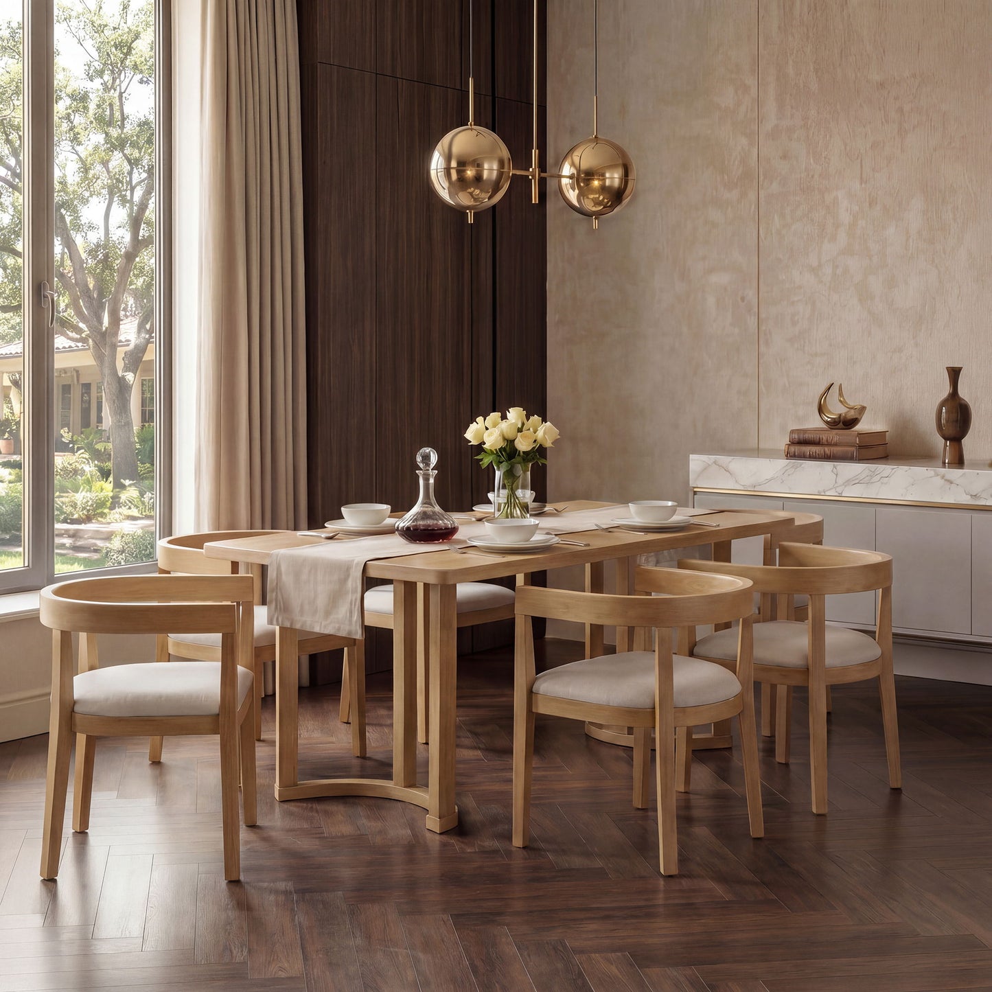 Rectangular Dining Table Set For 6 With Upholstered Barrel Back Chairs
