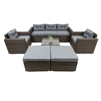 6 Piece Patio Rattan Wicker Outdoor Furniture Conversation Sofa Set With Removeable Cushions And Temper Glass Tabletop - Brown