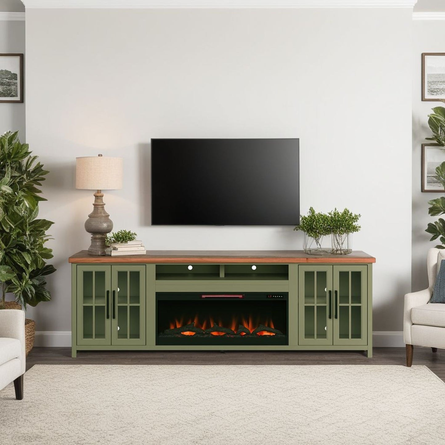Vineyard - 97" Fireplace TV Stand Console For TVs Up To 100" - Sage Green And Fruitwood Finish