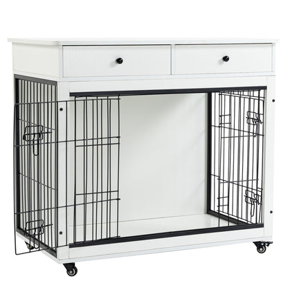 Dog Crate Furniture, Wooden Dog Crate End Table, 38.4" Dog Kennel With 2 Drawers Storage, Heavy Duty Dog Crate, Decorative Pet Crate Dog Cage For Large Indoor Use