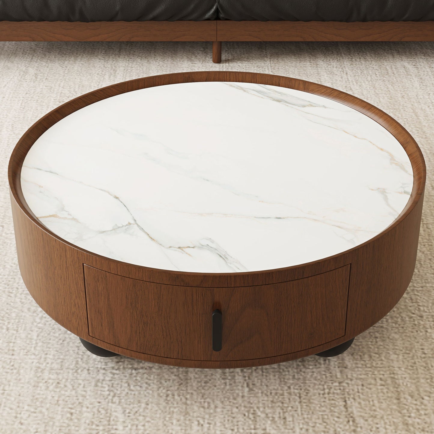 Round Coffee Table With Ball Feet, Pull Handle Storage Drawer - Bouguer Walnut / Brown