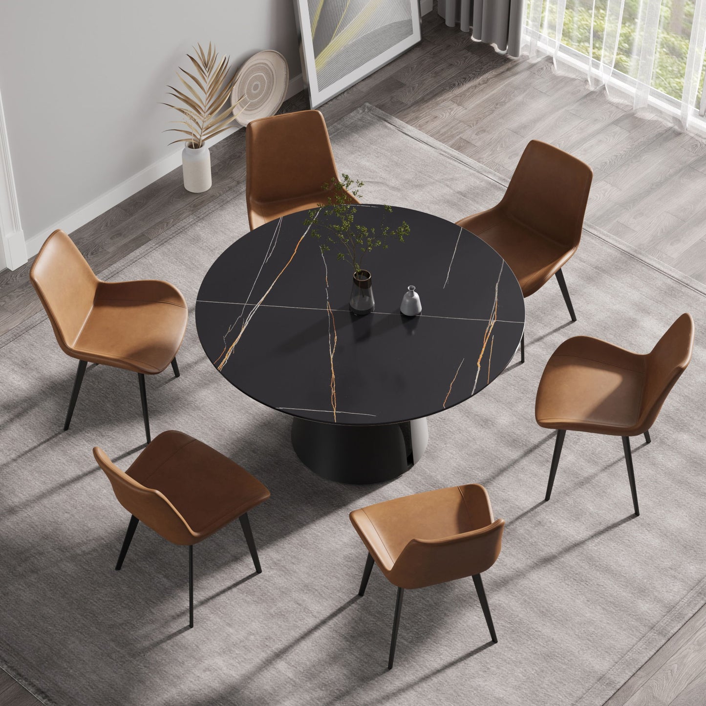 Round Modern Artificial Stone Carbon Steel Base Dining Table, Can Accommodate 6 People - Black