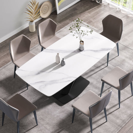 70.87" Modern Artificial Stone White Curved Black Metal Leg Dining Table, Can Accommodate 6-8 People - White / Black