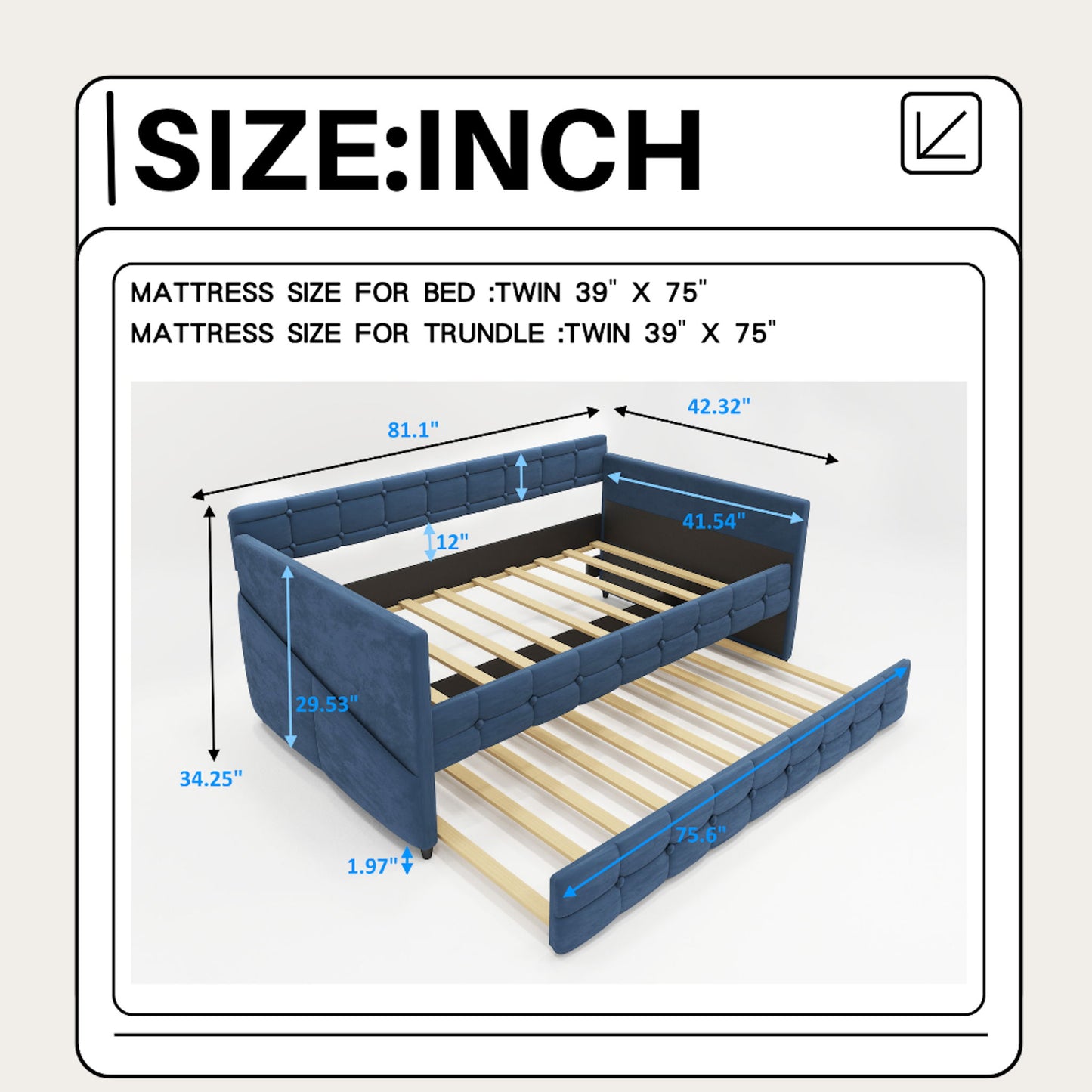 Upholstered Twin Size Daybed Bed Frame (Corner Bed) With Trundle, Velvet Fabric, Studding Design, No Box Spring Required