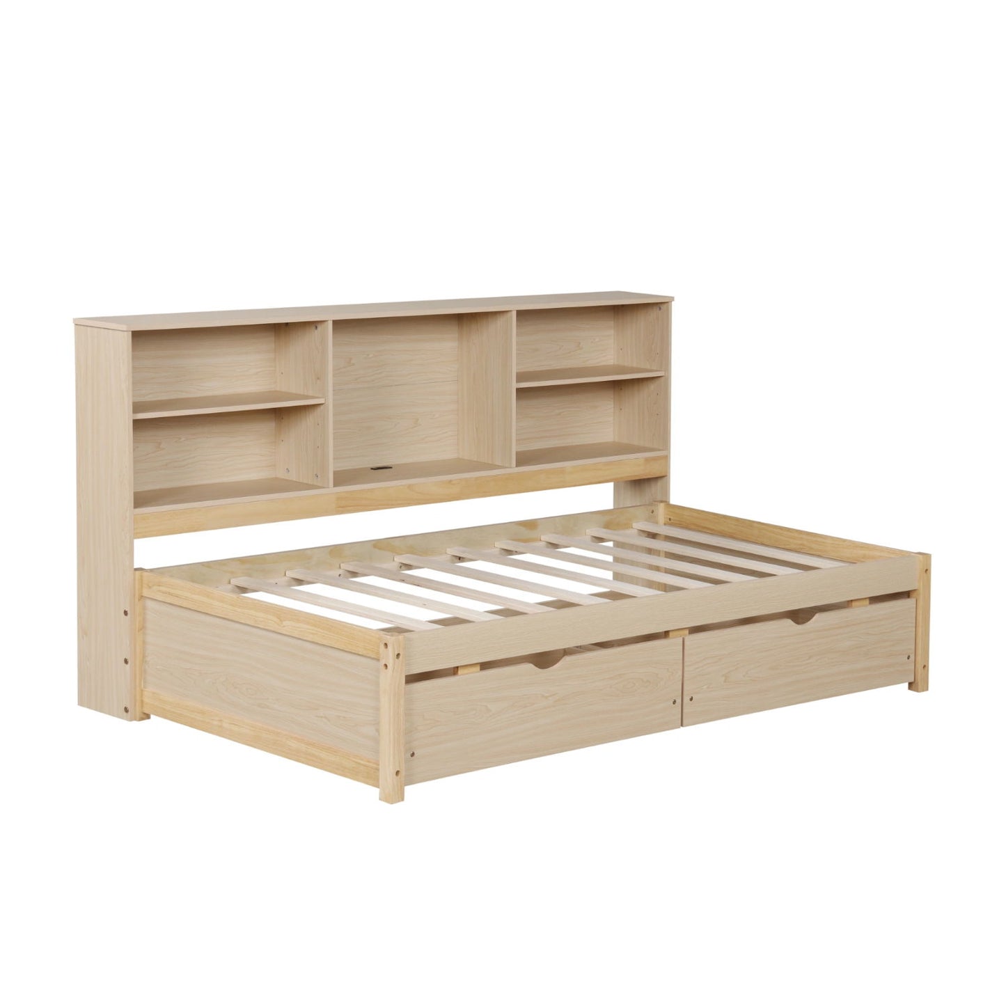 Bed Frame With Side Bookshelves, 2 Drawers, And Built In USB Port