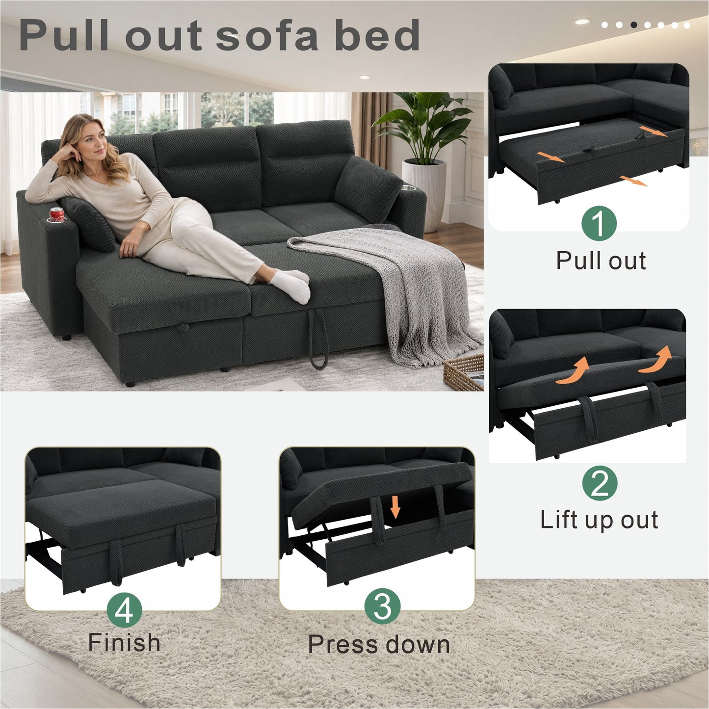 Convertible L - Shaped Sectional Sofa Bed With Storage Chaise, Cup Holders