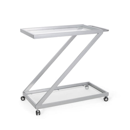 Modern Z Shaped Bar Cart With Tempered Glass Shelves - Silver