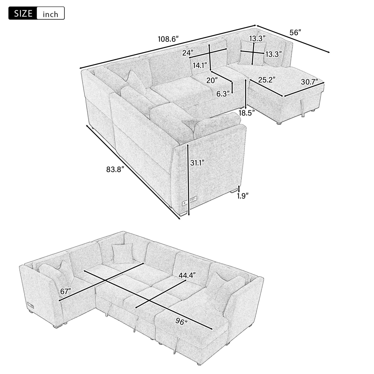 U-Shaped Sectional Sofa Pull Out Sofa Bed With Two USB Ports, Two Power Sockets, Three Back Pillows And A Storage Chaise For Living Room