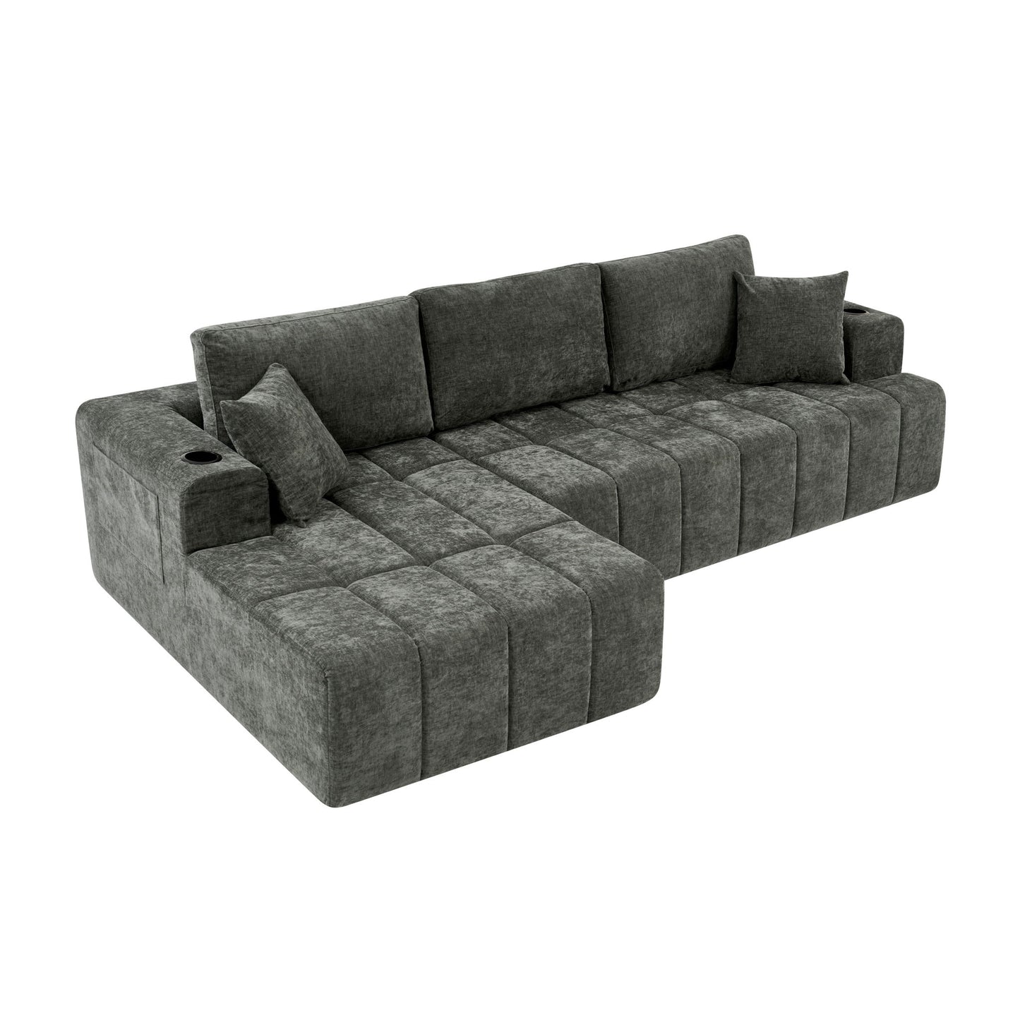 L - Shaped Sectional Sofa With Cup Holders & Side Pockets