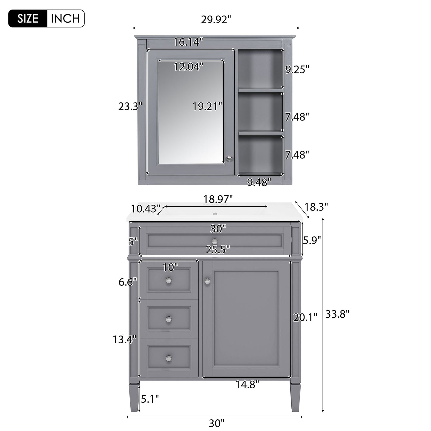 Bathroom Vanity With Medicine Cabinet, Royal Mirror Cabinet, Modern Bathroom Storage Cabinet With 2 Soft Closing Doors And 4 Drawers