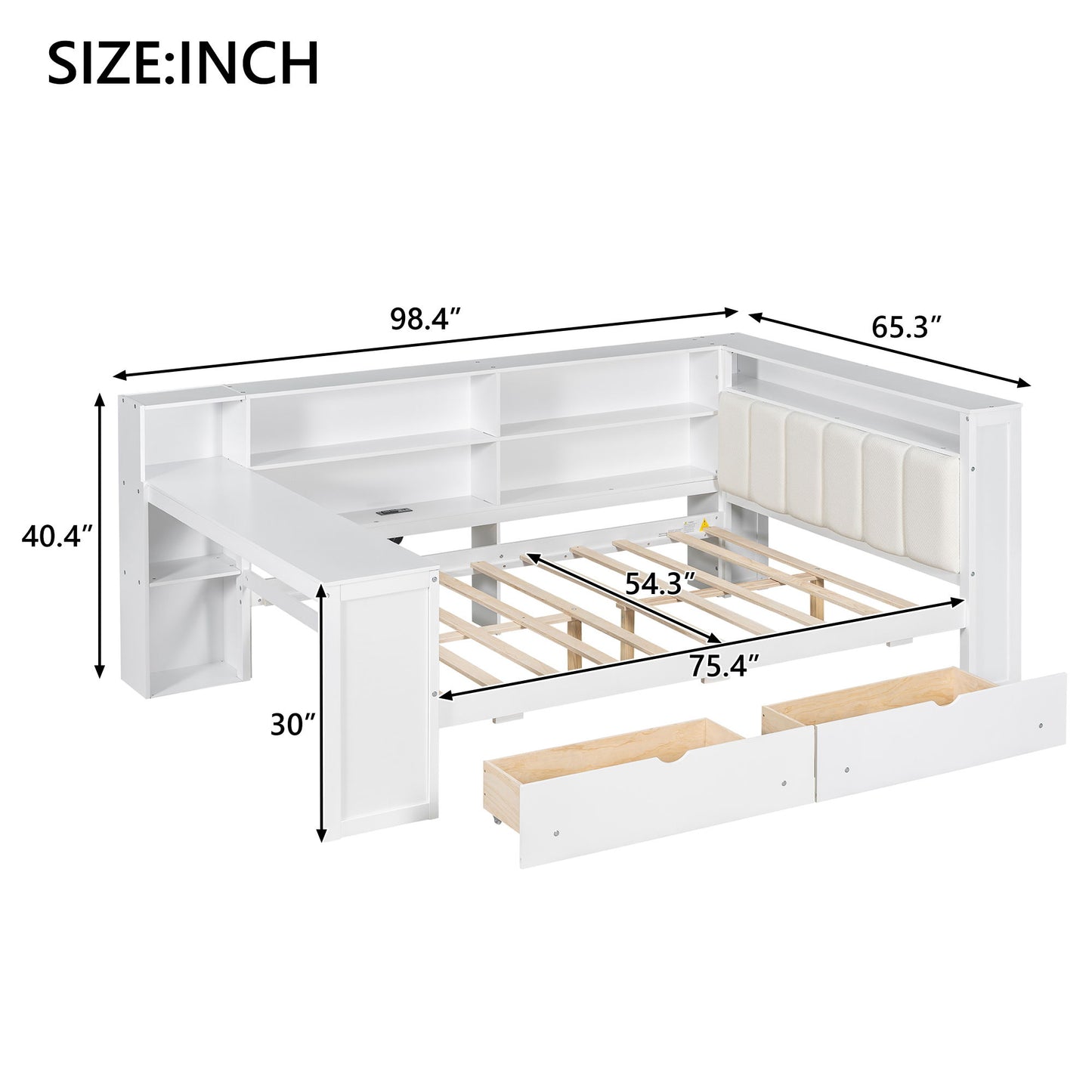 Platform Bed With Upholstered Headboard, Storage Shelves, Drawers, Charging Station, LED Lighting, Built In Desk