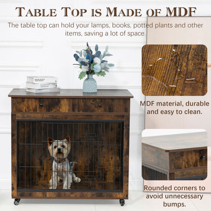 Dog Crate Furniture, Wooden Dog House, Decorative Dog Kennel With Drawer, Indoor Pet Crate End Table For Small Dog, Steel-Tube Dog Cage, Chew-Proof