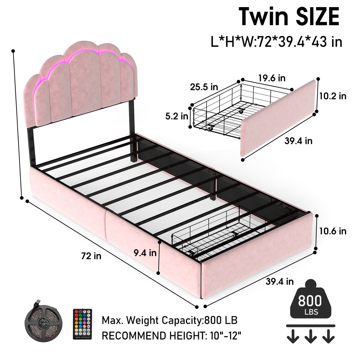 Twin Petal Platform Bed With RGB LED Lights & Storage Drawers, - Pink