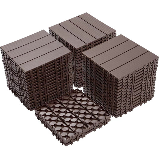 Plastic Interlocking Deck Tiles (Pack Of 44), Patio Flooring Outdoor Waterproof All Weather Use For Garden, Poolside Front / Back Yard - Light Coffee