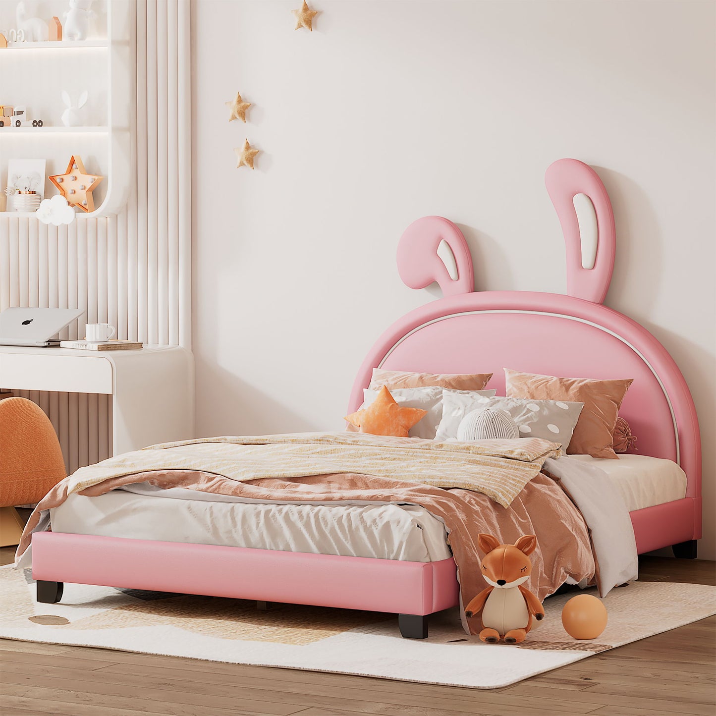 Upholstered Leather Platform Bed With Rabbit Ornament