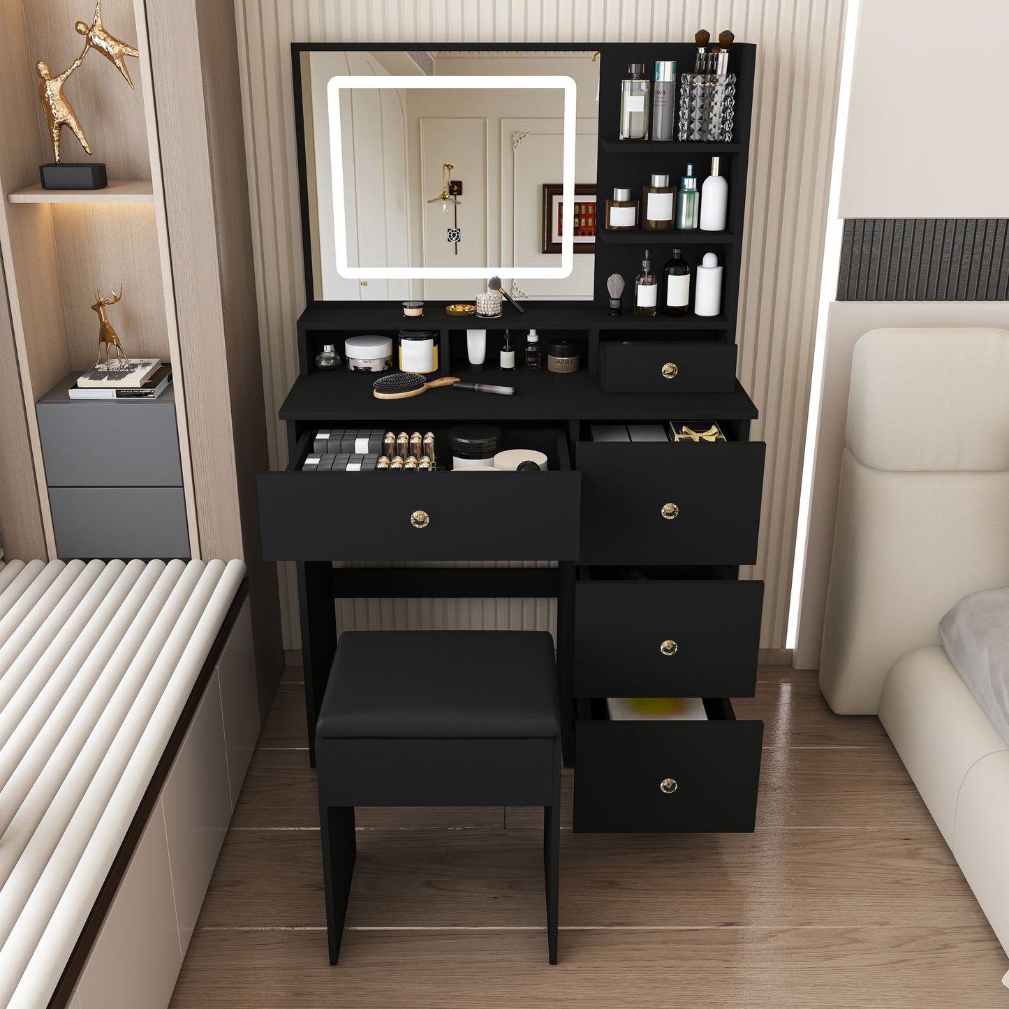 Vanity Desk With Mirror, 3 Color Lighting And Stool