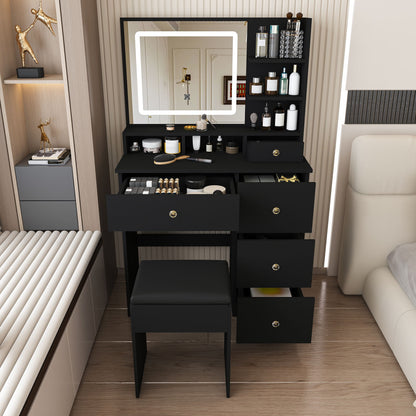 Vanity Desk With Mirror, 3 Color Lighting And Stool