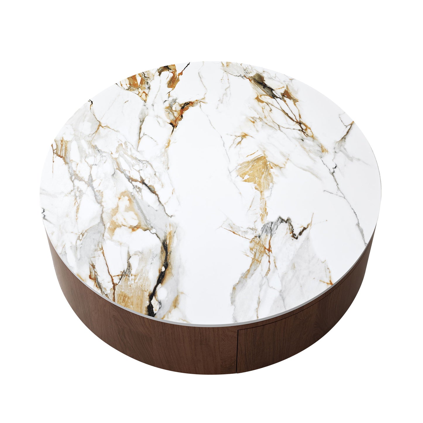 Round Coffee Table With 2 Drawers For Living Room - Walnut Brown / White / Multi