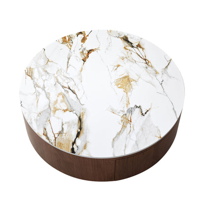 Round Coffee Table With 2 Drawers For Living Room - Walnut Brown / White / Multi