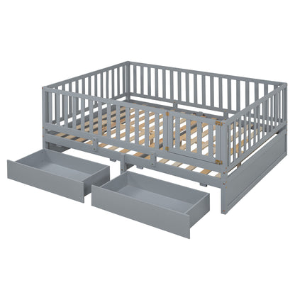 Daybed With Fence Guardrails And 2 Drawers, Split Into Independent Floor Bed & Daybed