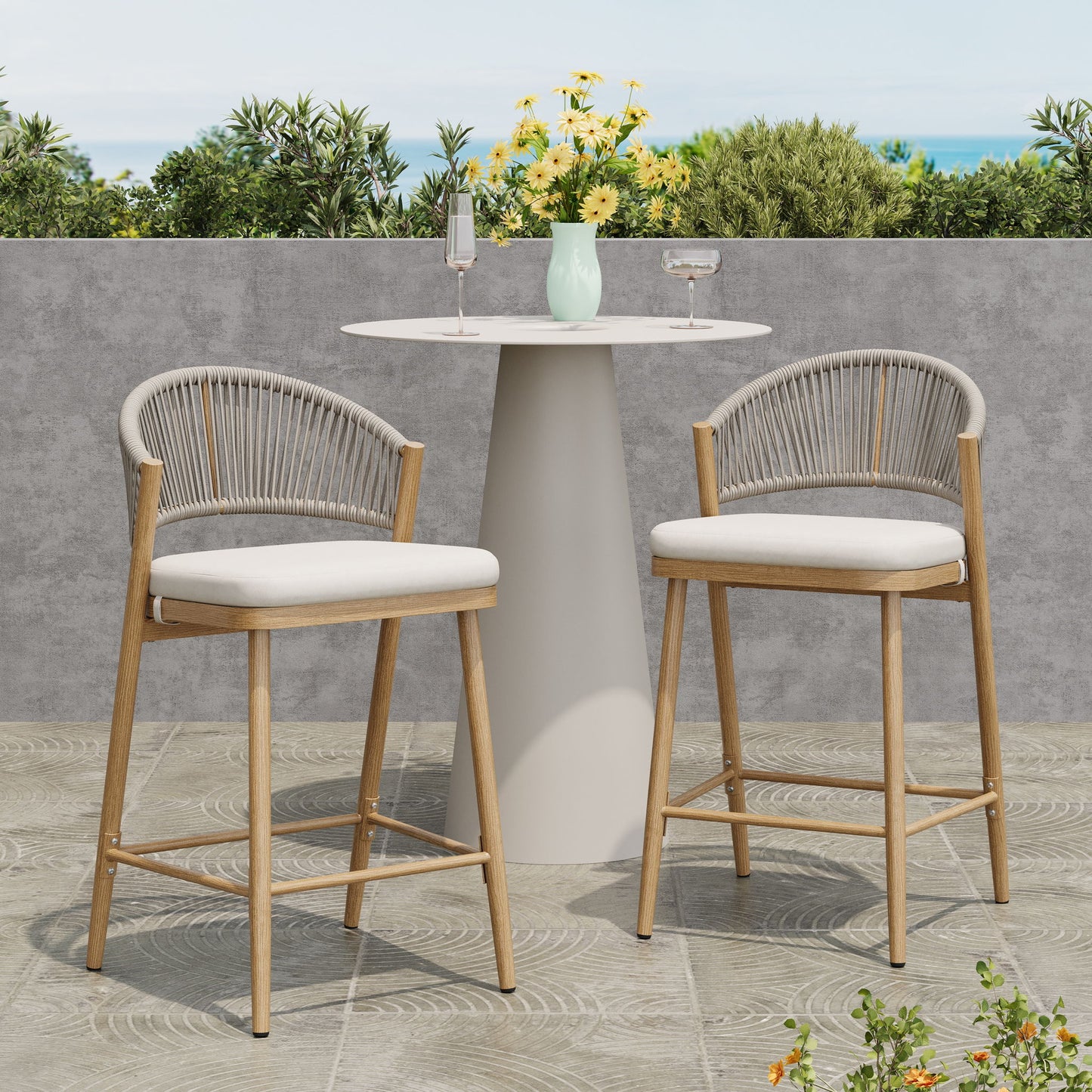 Outdoor 26" Counter Height Metal Frame Counter Stools With Scallop Shaped Backrest & Water Resistant Cushions