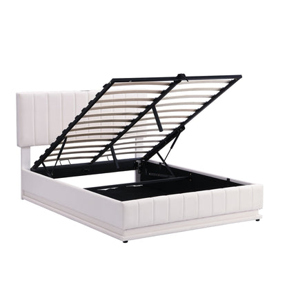 Upholstered Bed With Hydraulic Storage System And LED Light, With Sockets And USB Ports