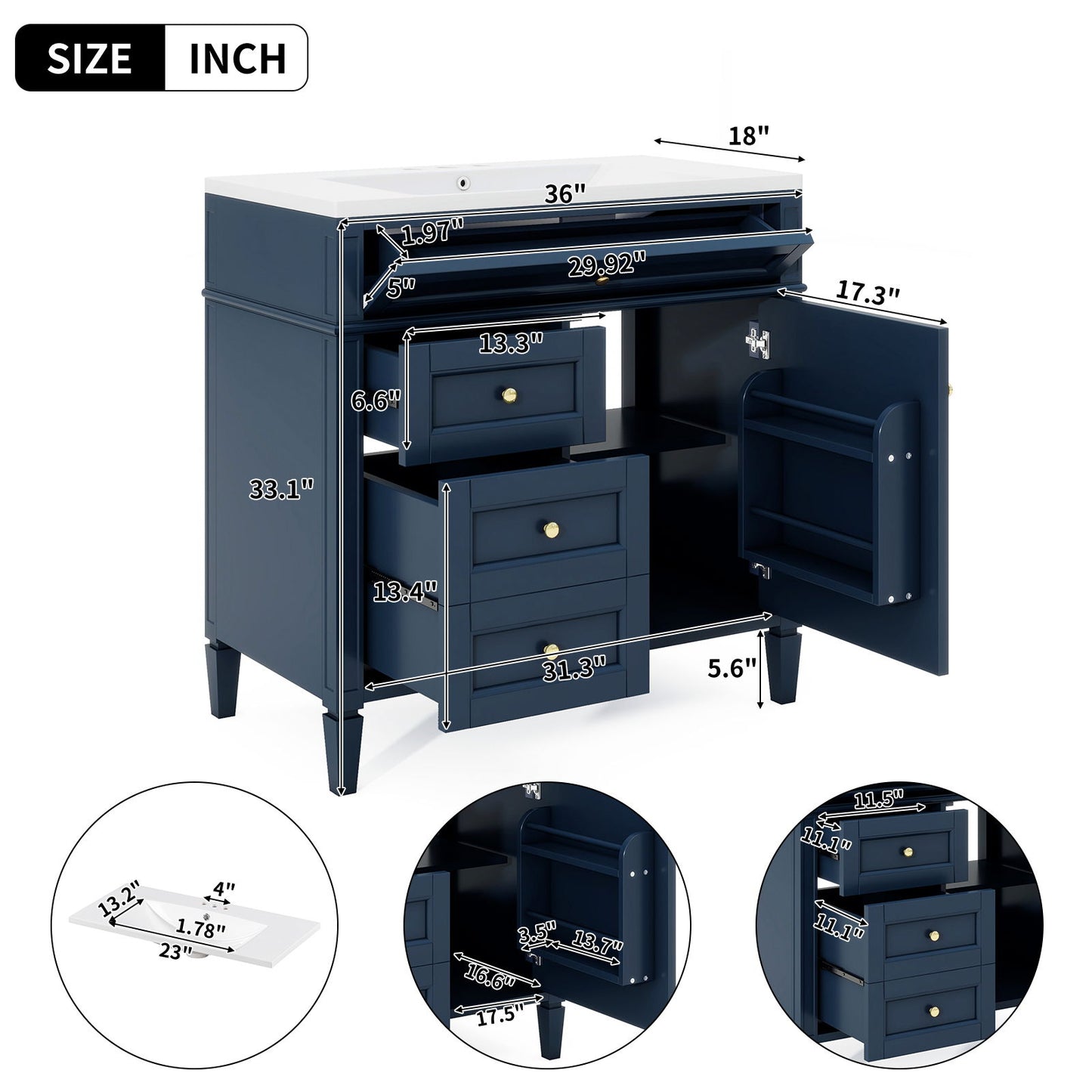 Bathroom Vanity With Top Sink, 2 Drawers And Tip Out Drawer, Rectangular Design