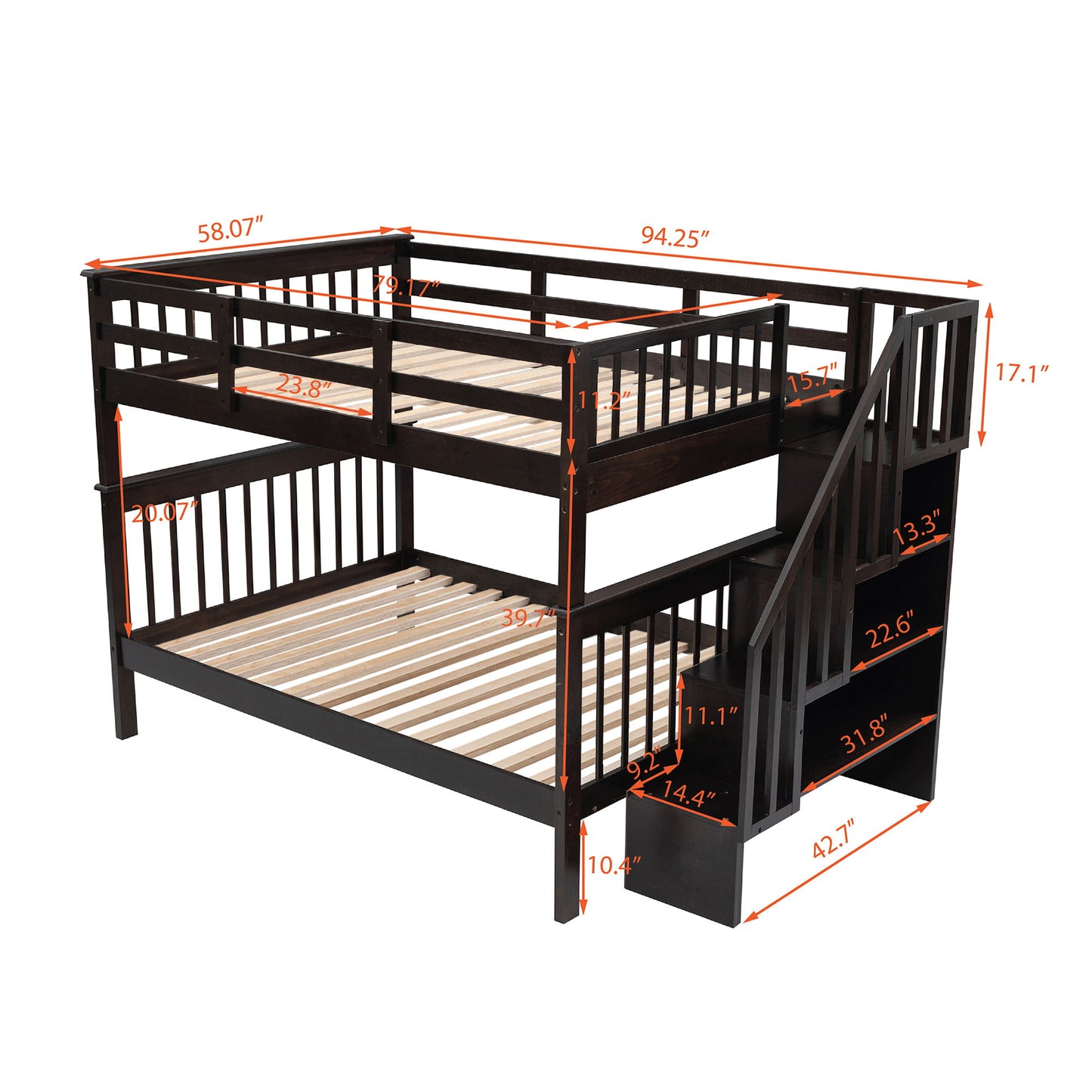 Stairway Bunk Bed With Storage And Guard Rail For Bedroom