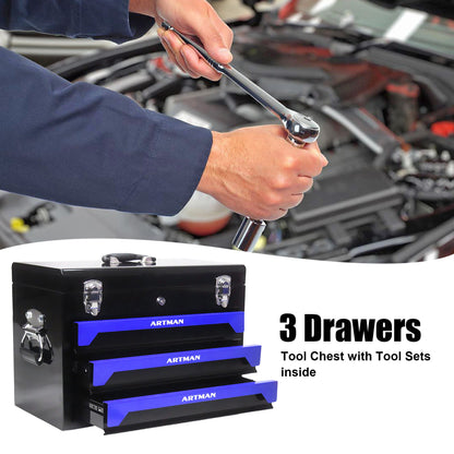 Portable 3 Drawer Steel Toolbox, 4 Layers Of Tools With Metal Latches, With Storage Tray And Carrying Handle