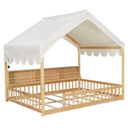 House Shaped Floor Bed With Fense, 3 Storage Bookshelves, Curtain And LED Light