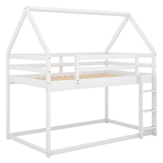 Twin Over Twin Low Bunk Bed, House Bed With Ladder - White